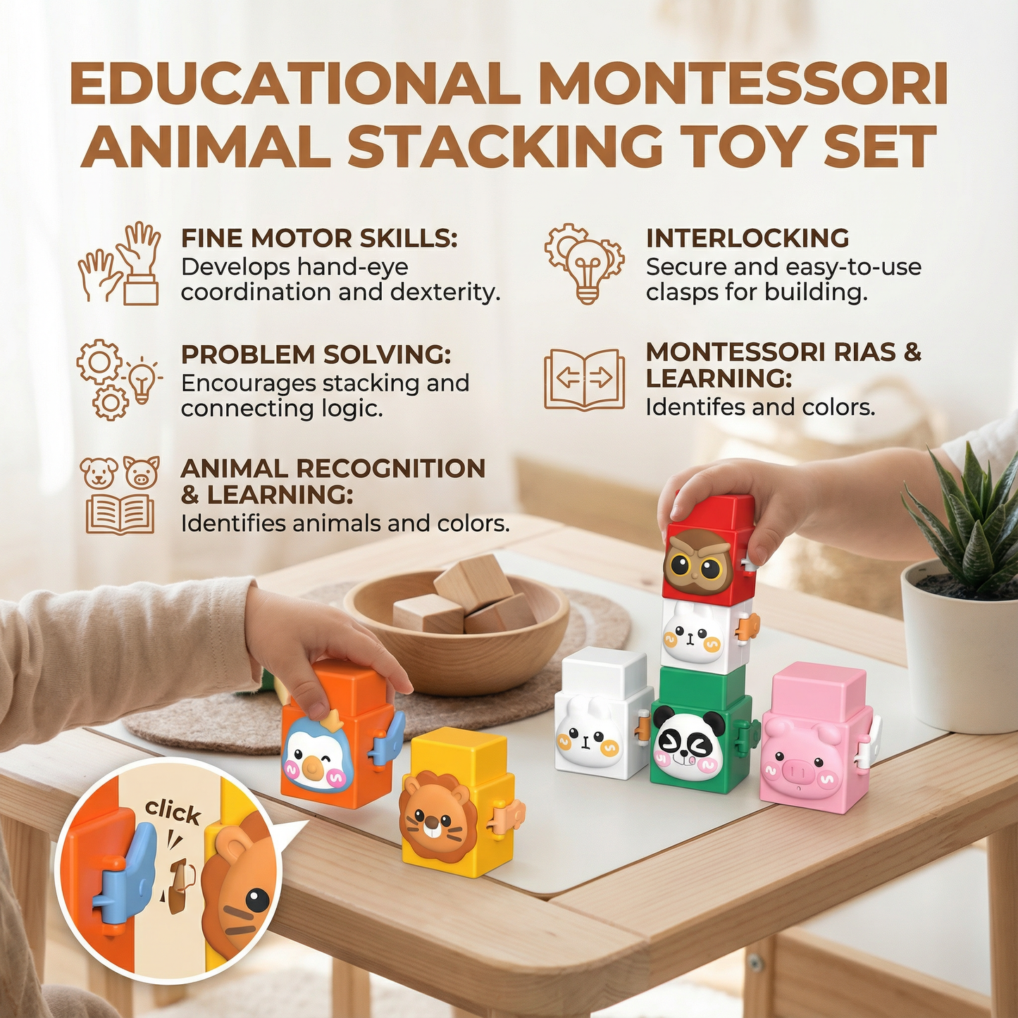 Animal Stacking Blocks with Nesting Design and Color Recognition for Toddler Development