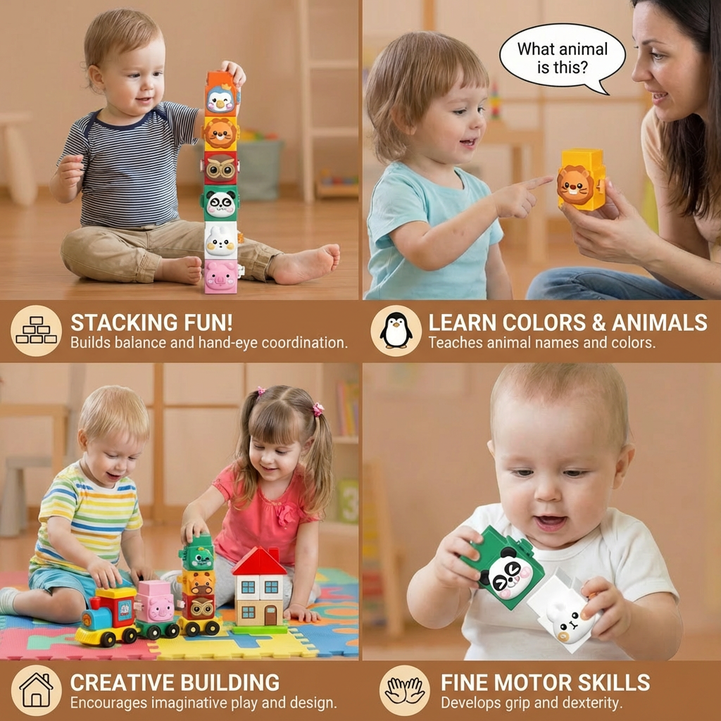 Animal Stacking Blocks with Nesting Design and Color Recognition for Toddler Development