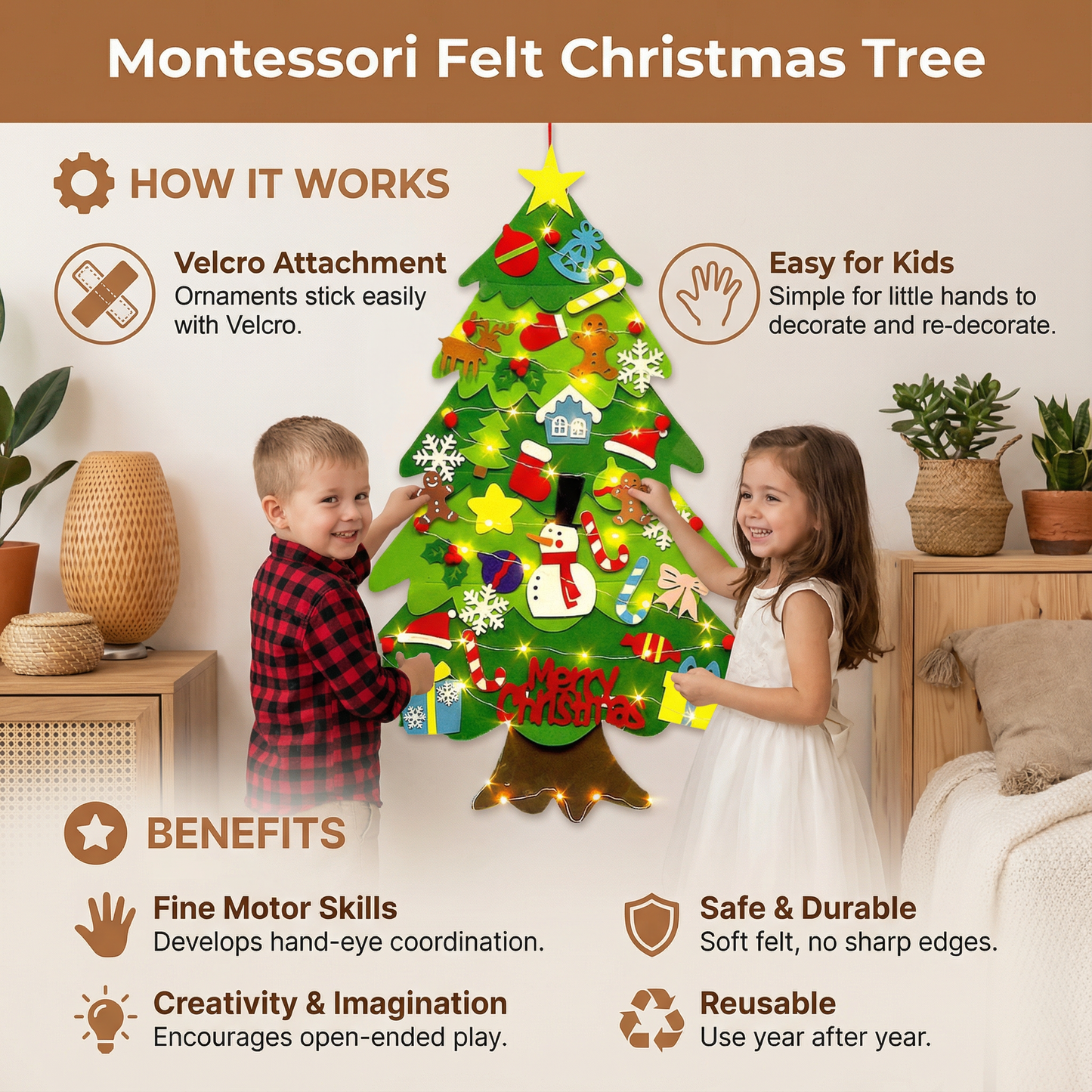 Interactive Felt Christmas Tree with Removable Ornaments for Kids