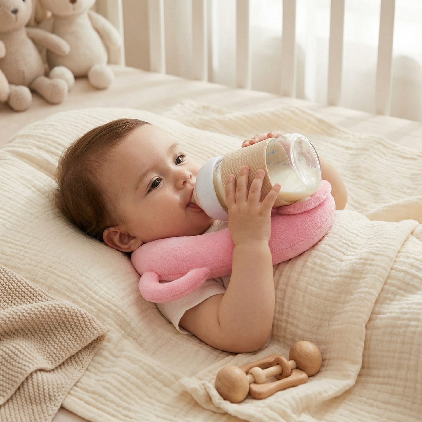 Bottle Feeding Pillow with Curved Holder and Breathable Mesh, Hands-Free Support