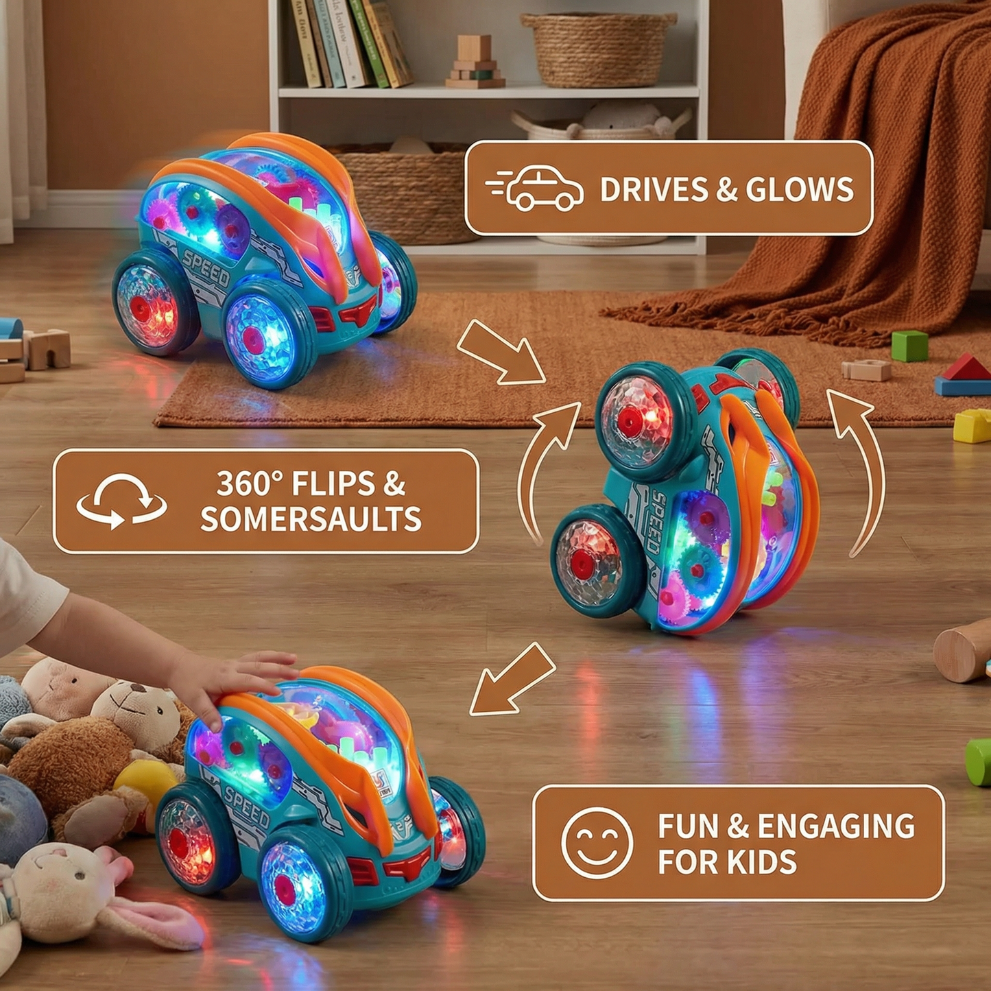 Flipping Stunt Car with Multicolor LED Lights and 360-Degree Rotation