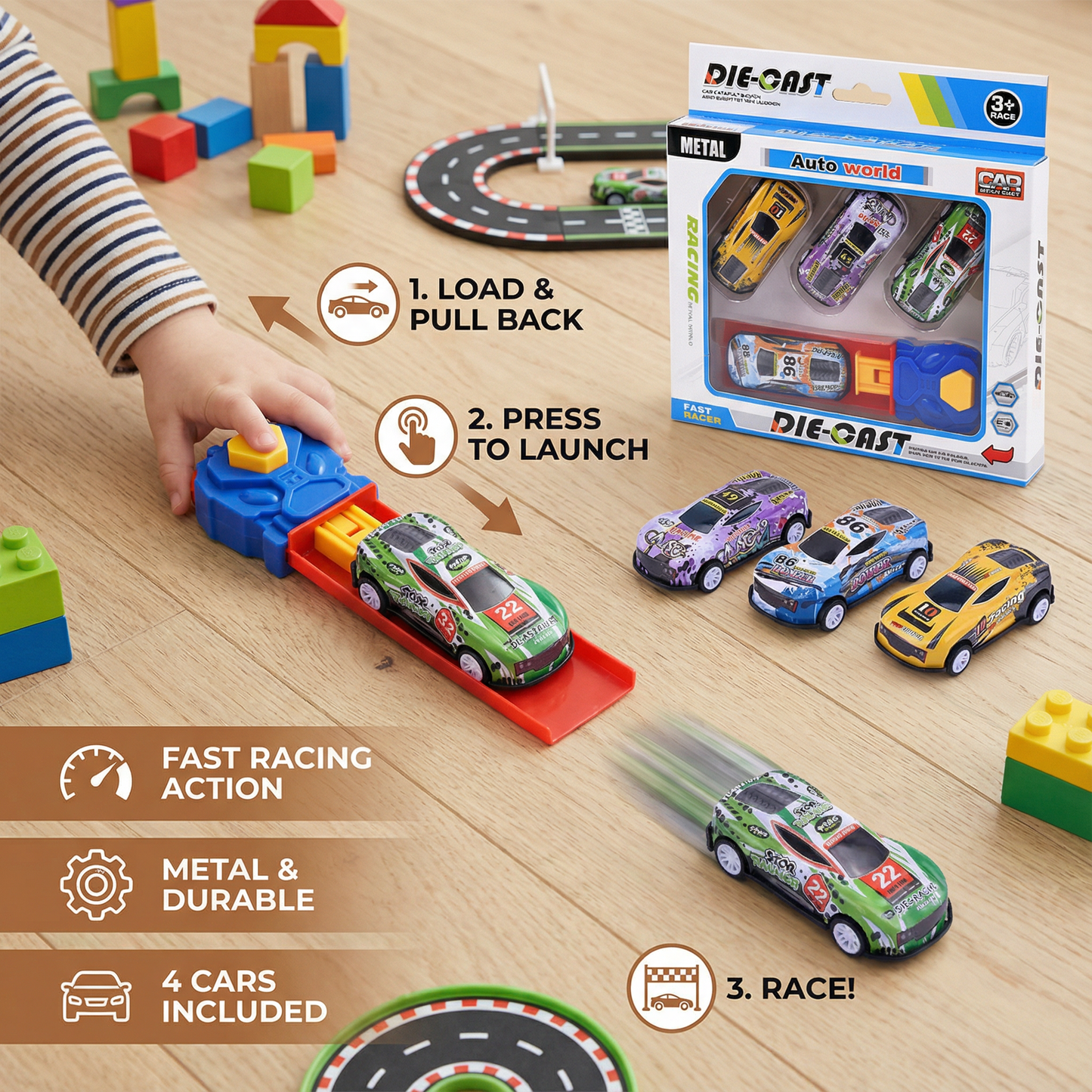 Launch Toy Cars with Button-Activated Catapult, 4 Die Cast Vehicles