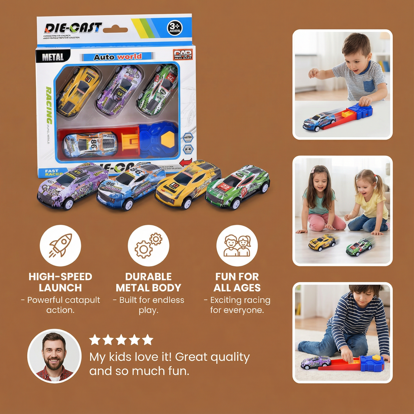 Launch Toy Cars with Button-Activated Catapult, 4 Die Cast Vehicles