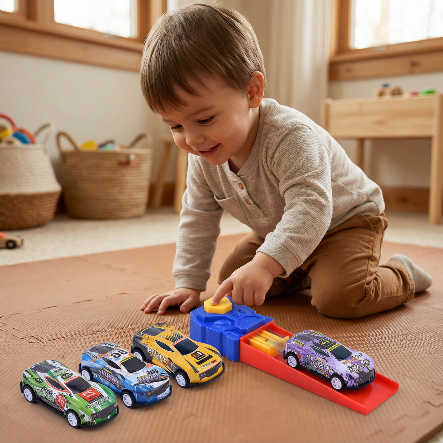 Launch Toy Cars with Button-Activated Catapult, 4 Die Cast Vehicles