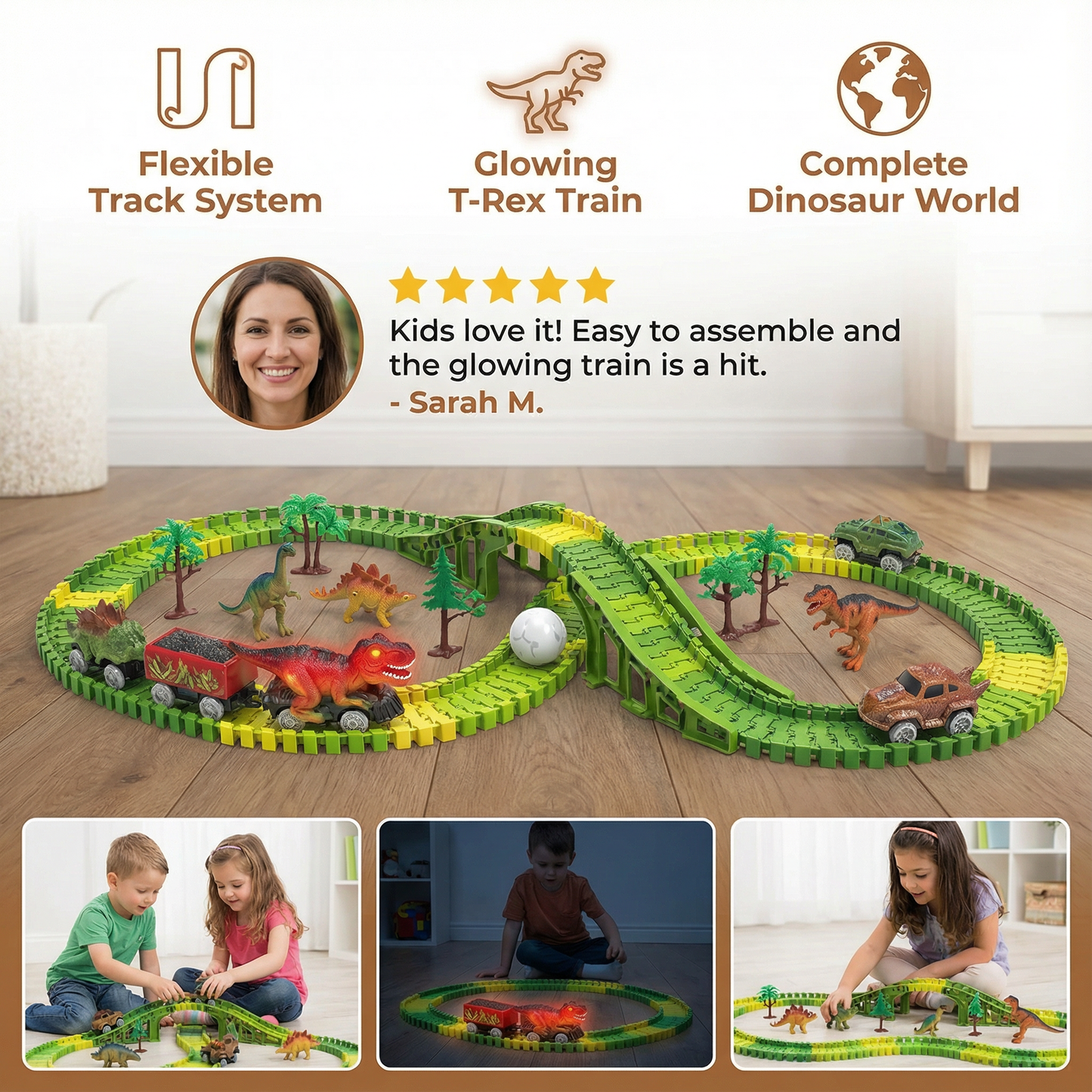 Dinosaur Track Set with LED Light-Up Train and Flexible Snap-Together Pieces
