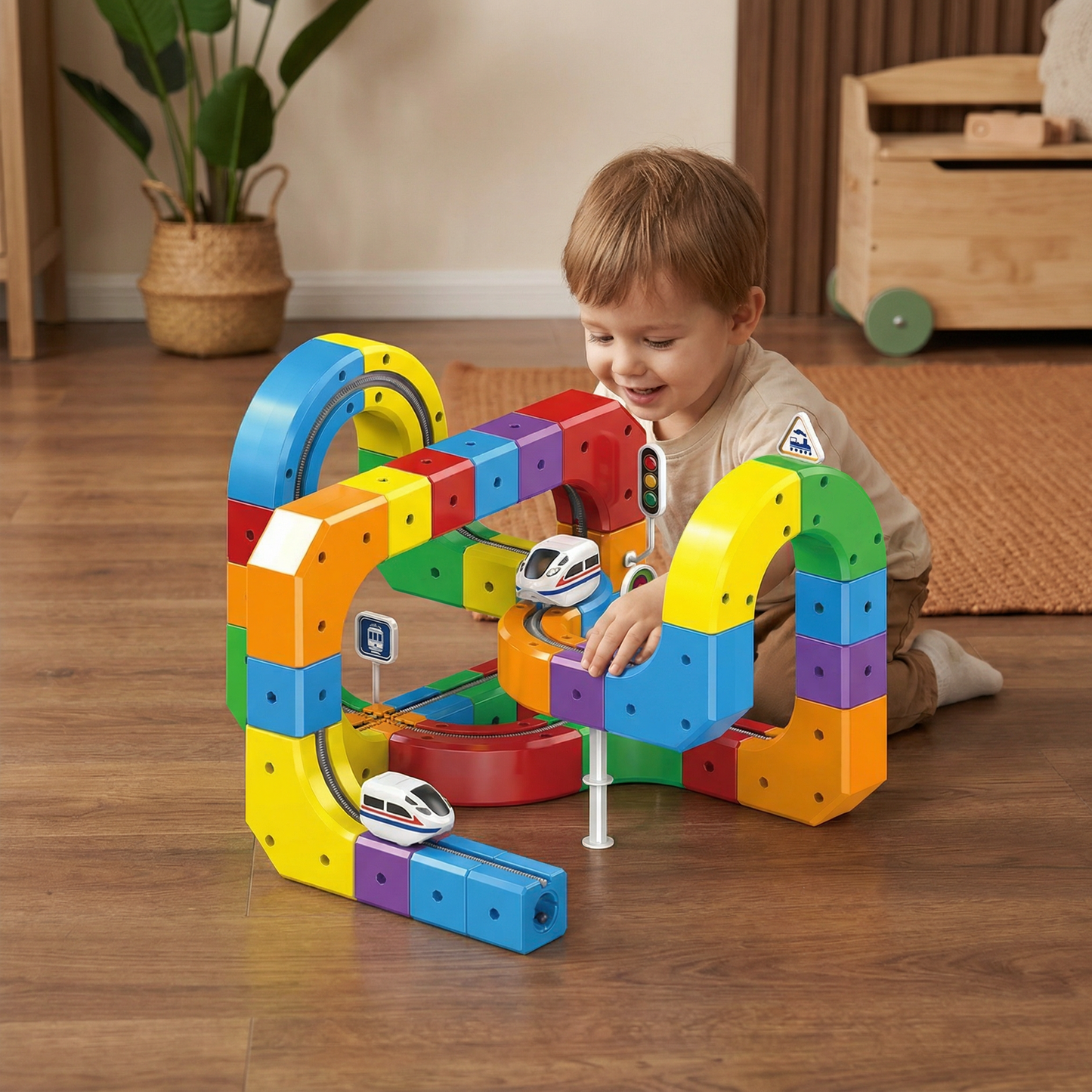 Train Track Building Set with 81 Snap Together Pieces and Moving Train