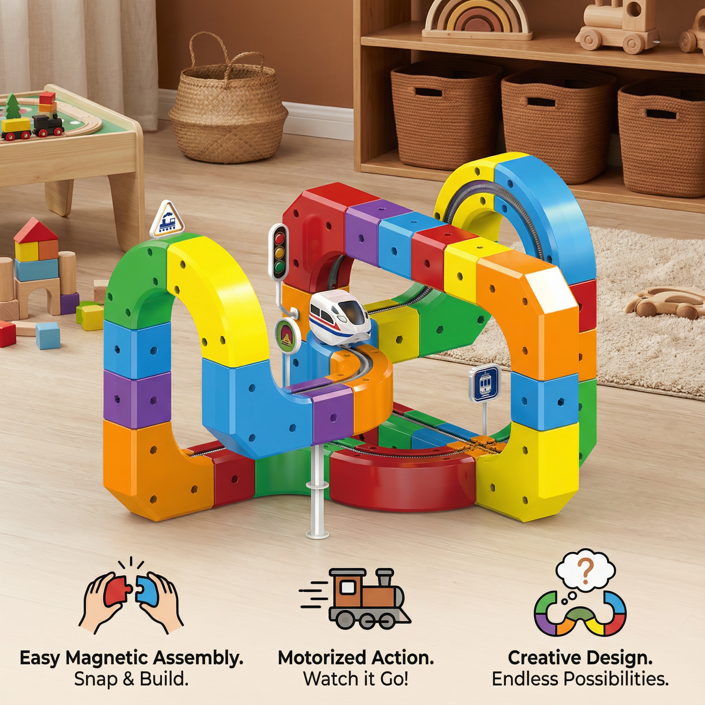 Train Track Building Set with 81 Snap Together Pieces and Moving Train