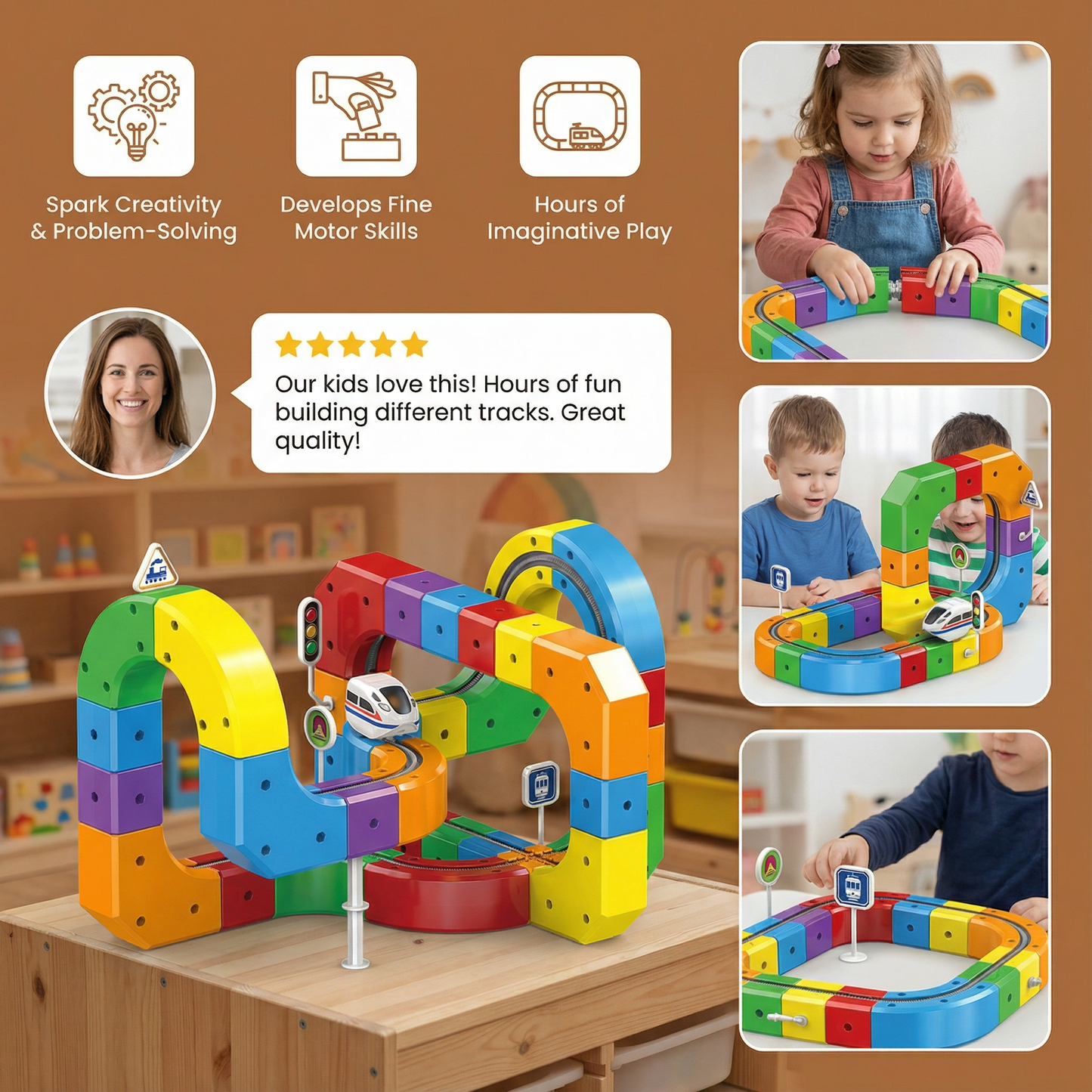 Train Track Building Set with 81 Snap Together Pieces and Moving Train