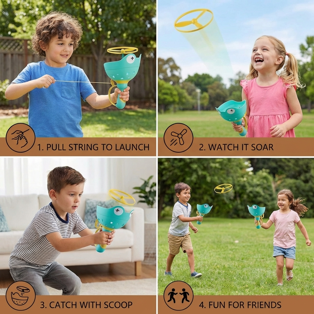 Pull String Propeller Launcher with Six Colorful Propellers