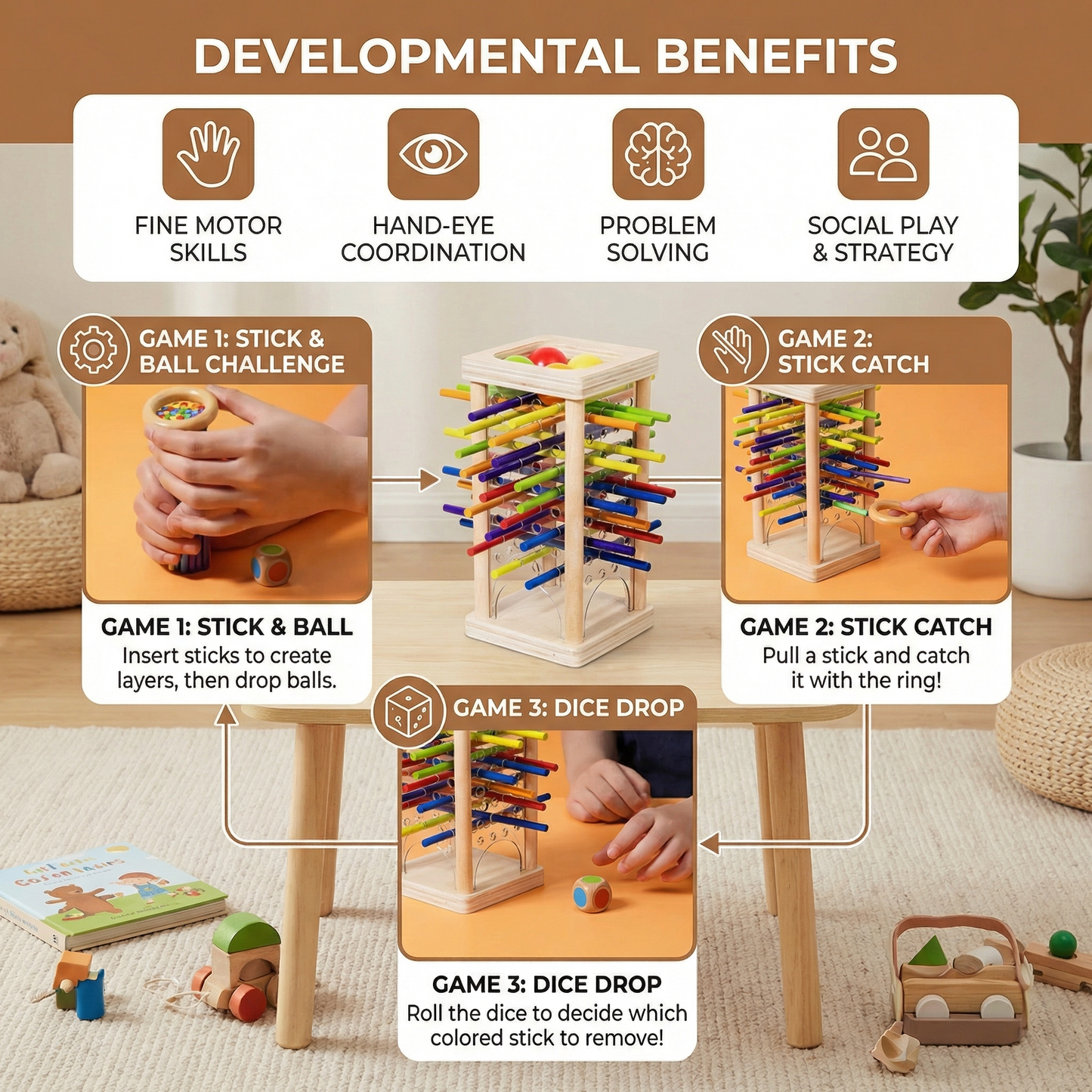 Wooden Stick Pulling Game with Colorful Sticks and Balls for Kids