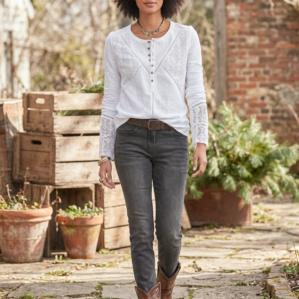 Long Sleeve Crew Neck Shirt with Lace Texture and Relaxed Fit
