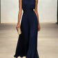 Chic long pleated evening dress with a ruched waist, ideal formal wear or party dress for women.