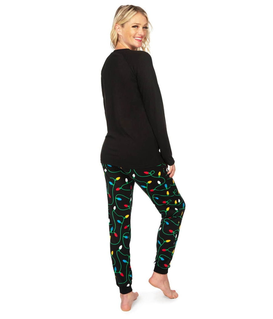 Womens Christmas Lights Pajama Set with Get Lit Slogan Top and Printed Pants
